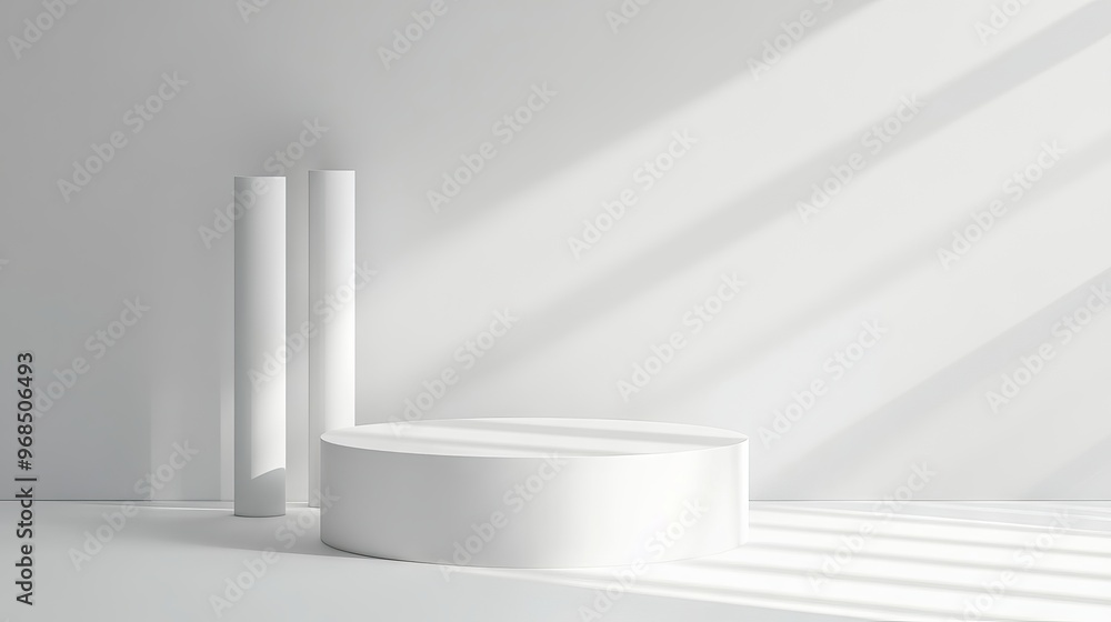 Poster minimalist podium or pedestal on white background with cylinder stand, perfect for product display a