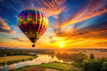 Obraz premium golden, nature,hot air balloon, silence, A colorful hot air balloon floats against the vibrant backdrop of a golden sunset and the serene silence of nature from a Bird s Eye View