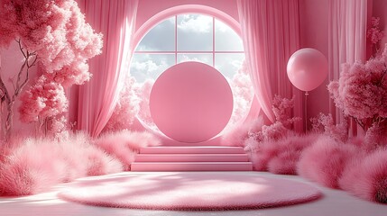 A pink room with a round window, pink trees, a pink podium, a pink rug, and a pink balloon.