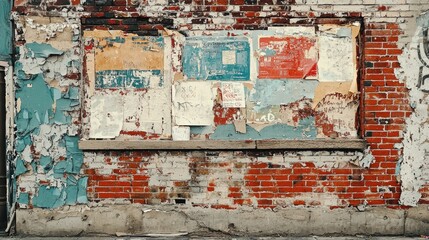 Graffiti covered urban brick wall with peeling posters