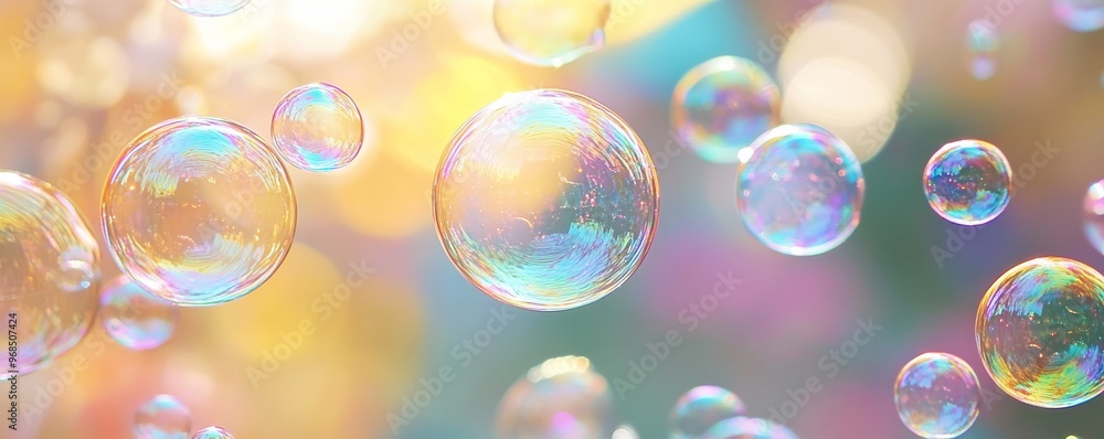 Poster colorful soap bubbles floating in sunlight, abstract background. joyful and playful concept