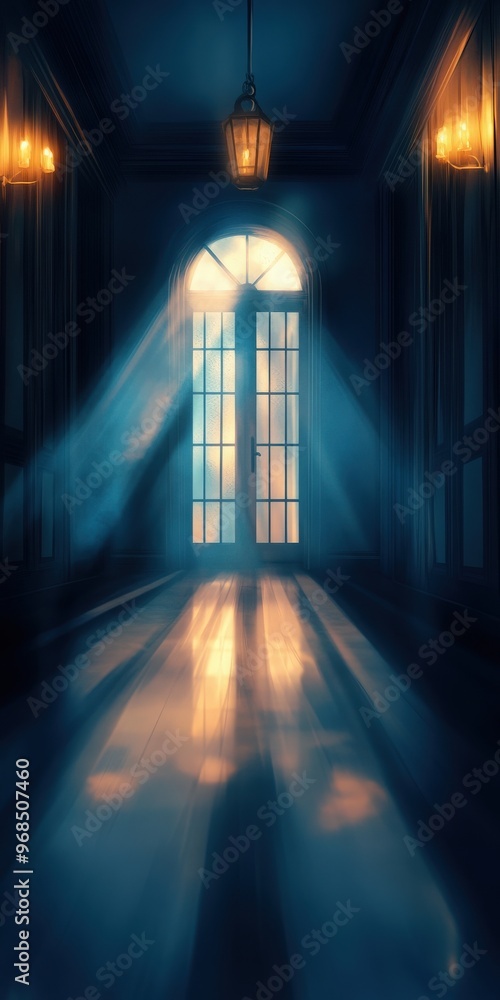 Poster mysterious hallway with ethereal light beams illuminating the floor, creating a captivating atmosphe