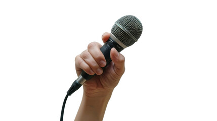 Hand holding a microphone on transparent background