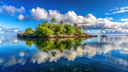 Fototapeta premium Island of Petite Ile at Reunion Island reflected in calm waters, Island, beauty, scenic, water, tropical, shore, travel, landscape, coastline, beach, tourism, nature, blue sky