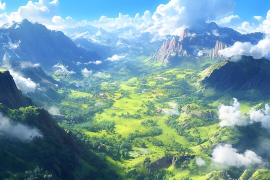 Mountain landscape with church on the hill. Morning in a mountain valley.