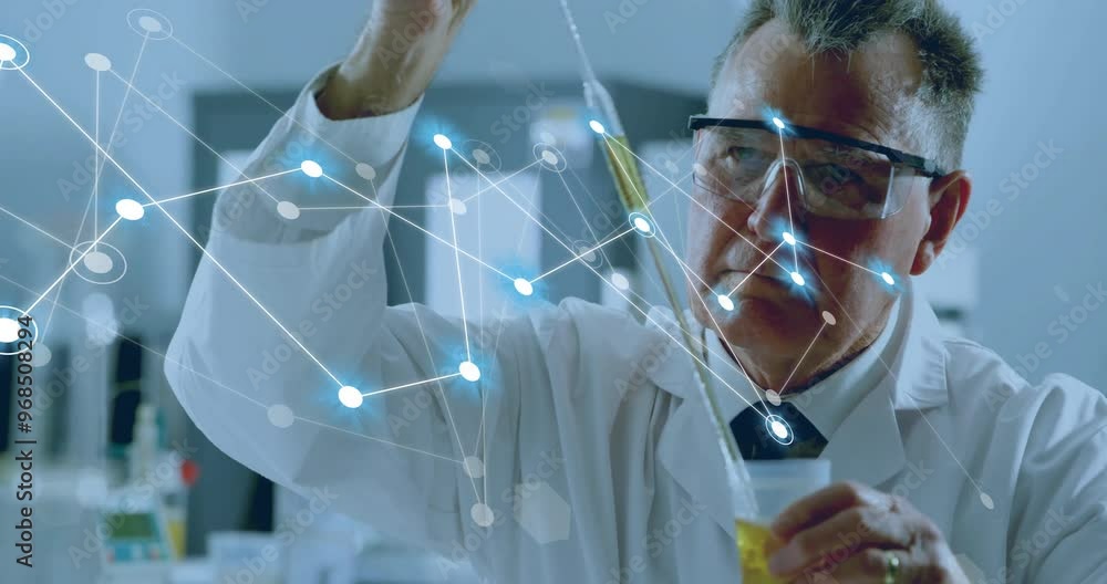 Poster animation of network of connections over caucasian male scientist working in lab