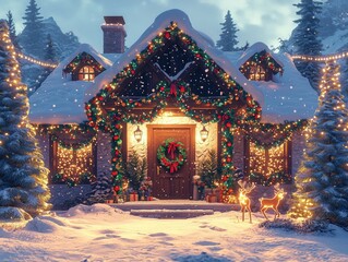 Snow-covered chalet with vibrant Christmas decorations and colorful garlands