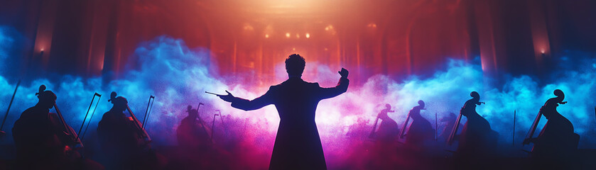 Orchestra conductor leading a performance under dramatic lighting with colorful smoke effects, creating a mesmerizing and captivating scene.