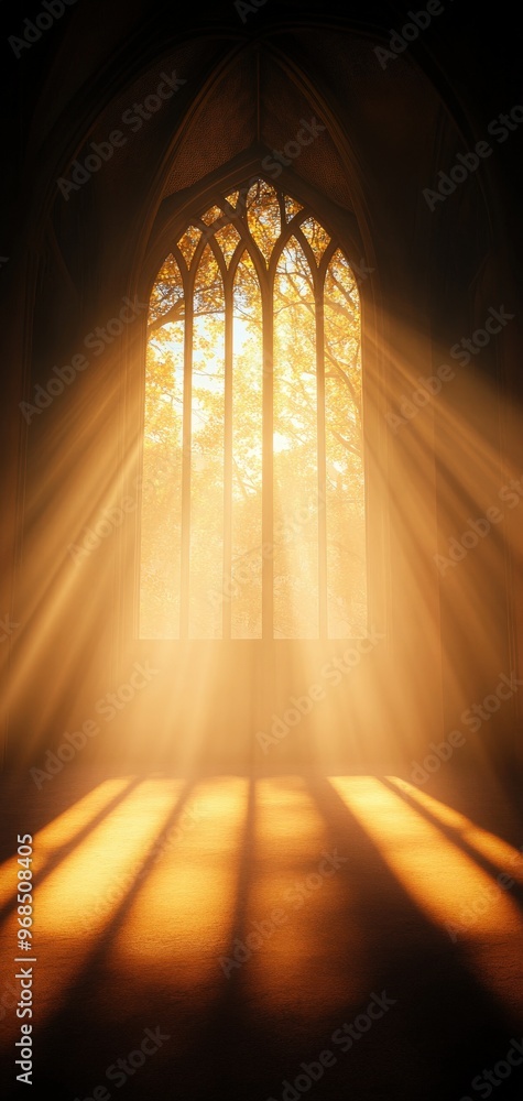 Poster a beautiful, sunlit window casting warm rays through intricate glass, creating a serene atmosphere o