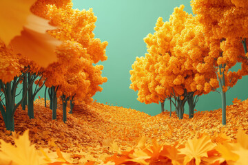 A vibrant autumn landscape featuring bright orange trees and carpet of fallen leaves creates warm and inviting atmosphere. scene captures essence of fall with its rich colors and serene setting