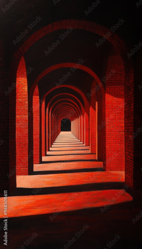 Aufkleber a captivating view of red brick arches leading into a dark corridor, creating a sense of depth and i