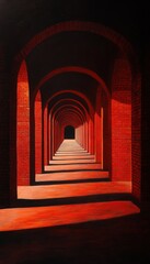 A captivating view of red brick arches leading into a dark corridor, creating a sense of depth and intrigue.