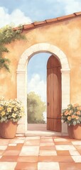 Fototapeta premium A charming open door with beautiful flowers, inviting a serene outdoor view under a clear blue sky.