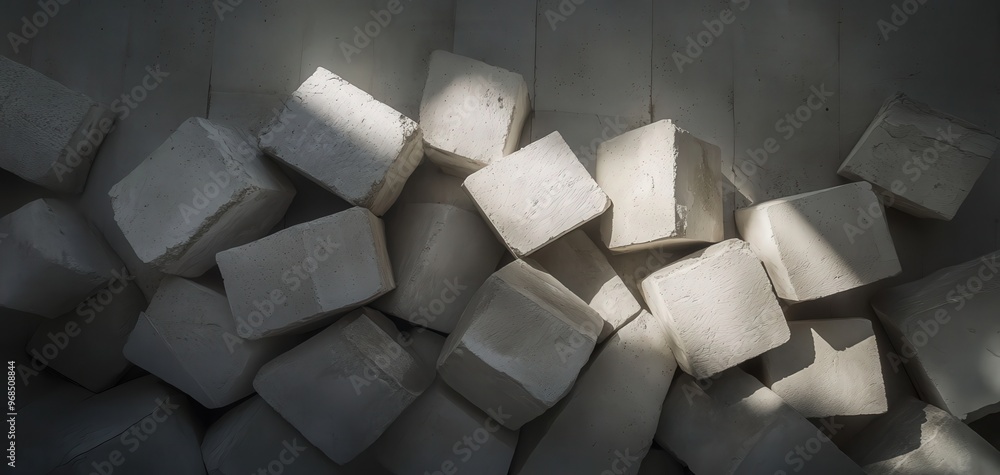 Poster a collection of geometric white blocks arranged in an artistic pattern, showcasing light and shadow 