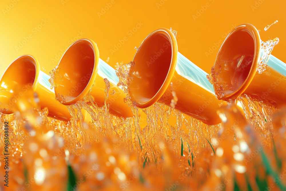 Poster bright orange cups are splashing water in vibrant setting, creating lively and refreshing atmosphere