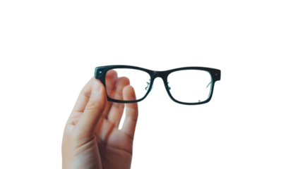 Hand holding black glasses on transparent background