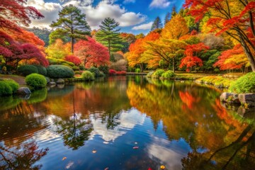 Japanese garden with vibrant autumn foliage and serene lake