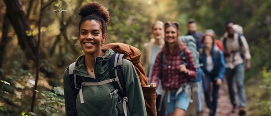 Diverse group of friends hiking in a forest 