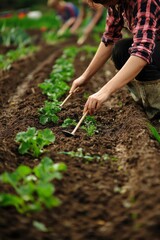 Female farmer planting seeds in a well-tilled garden. Rows of soil and gardening tools are scattered around