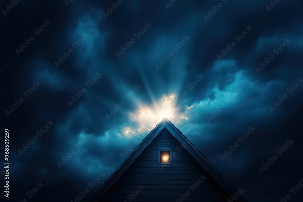 Poster a dramatic view of a house under dark clouds, with rays of light breaking through, creating a myster