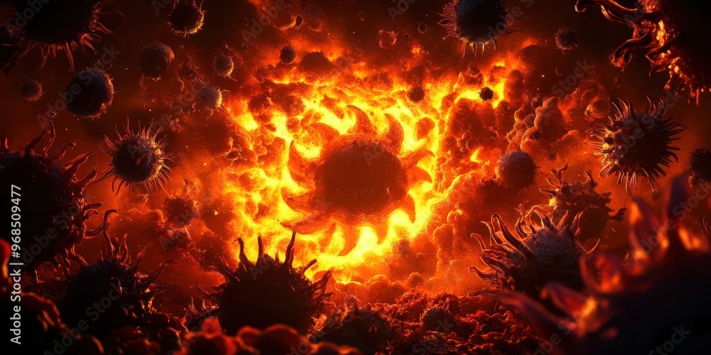 Poster a mesmerizing depiction of an energetic scene filled with fiery elements and abstract microorganisms