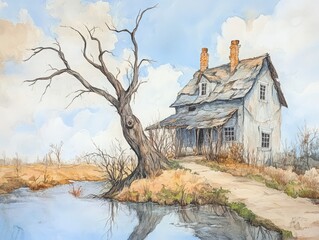 A lonely house by a calm stream, surrounded by a barren landscape and a twisted tree, evoking a sense of desolation and tranquility.