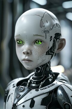 A close up of a robot with green eyes and white skin. AI.