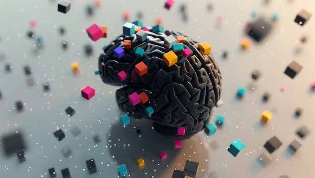 A 3d rendering of a brain surrounded by colorful cubes. AI.