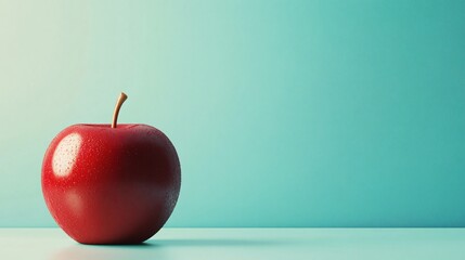 A vibrant red apple resting on a pastel mint green background, copy space