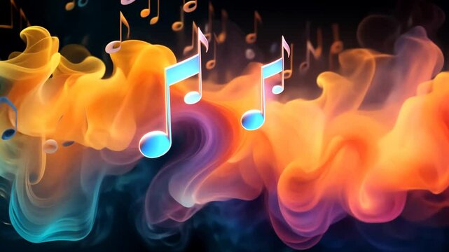 Synesthetic display of music notes forming from swirling, colorful smoke in a sensory art experience