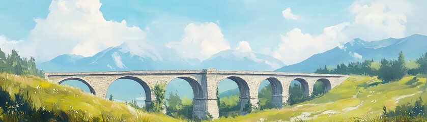 A scenic landscape featuring a majestic viaduct surrounded by lush greenery and mountains under a bright blue sky.
