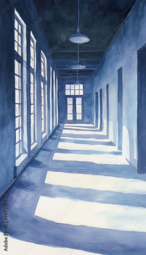 Poster a serene hallway with natural light streaming through large windows, creating calming shadows on the