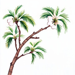 Obraz premium A beautiful watercolor illustration of tree branch featuring delicate white flowers and lush green leaves, evoking sense of tranquility and natures beauty