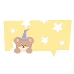 Illustration of Halloween text bubble with teddy bear and witch hat on yellow star background for decoration, text, message, speech, chat, dialogue, cartoon, comic, masking tape, sticker, campaign