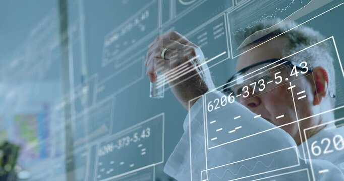 Animation of data processing over caucasian male scientist working in lab