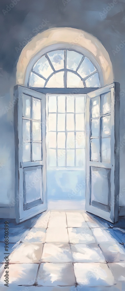 Poster a serene open door letting in soft light, creating a peaceful atmosphere in a beautiful space.