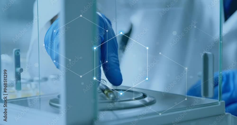 Canvas Prints animation of network of connections over caucasian male scientist working in lab
