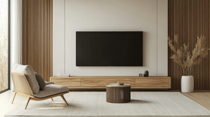 Elegant Japandi style TV wall with wooden furniture, cozy armchair, and round coffee table, creating serene and modern living space