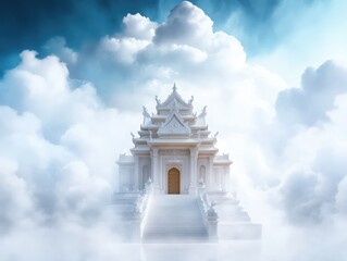 A serene temple emerges from a sea of clouds, showcasing intricate architecture under a bright blue sky.