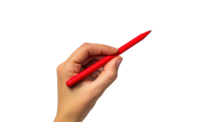Hand holding red pen marker on transparent background