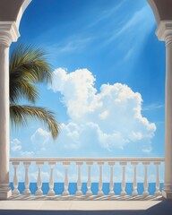 Fototapeta premium A serene view from a balcony showcasing lush palm trees and beautiful clouds over a tranquil ocean, perfect for relaxation.