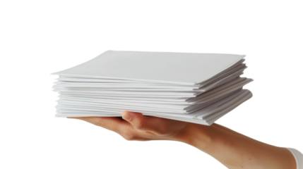 Hand holding a stack of white papers on transparent background 