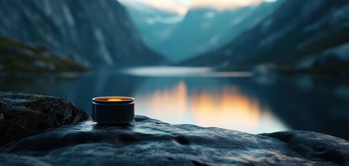 A serene view of a candle on a rock by a tranquil lake, surrounded by majestic mountains at sunset, evoking peace and calm.