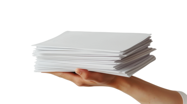 Hand holding a stack of white papers on transparent background 