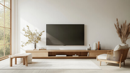 Elegant Japandi style TV wall with minimalist design, featuring natural wood elements and soft textures. serene atmosphere is enhanced by greenery outside