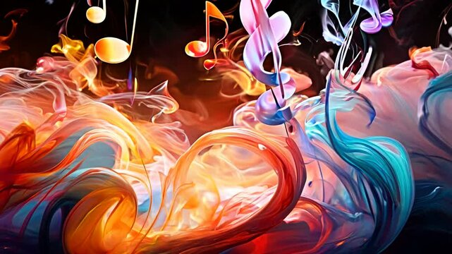 Colorful music notes emerge from swirling clouds of smoky ink, capturing the essence of synesthesia