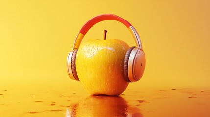 Fototapeta premium an apple using headphones on a yellow background