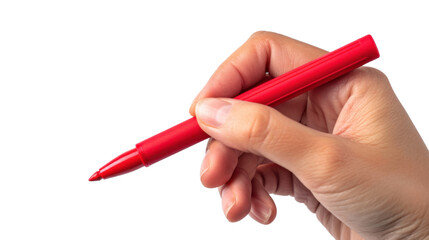 Hand holding red pen marker on transparent background
