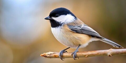 Fototapeta premium small size, A close up photo of a black capped chickadee perched on a branch characterized by its small size round body black cap white cheeks and vibrant white and soft brown plumage