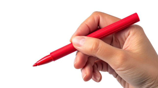 Hand holding red pen marker on transparent background